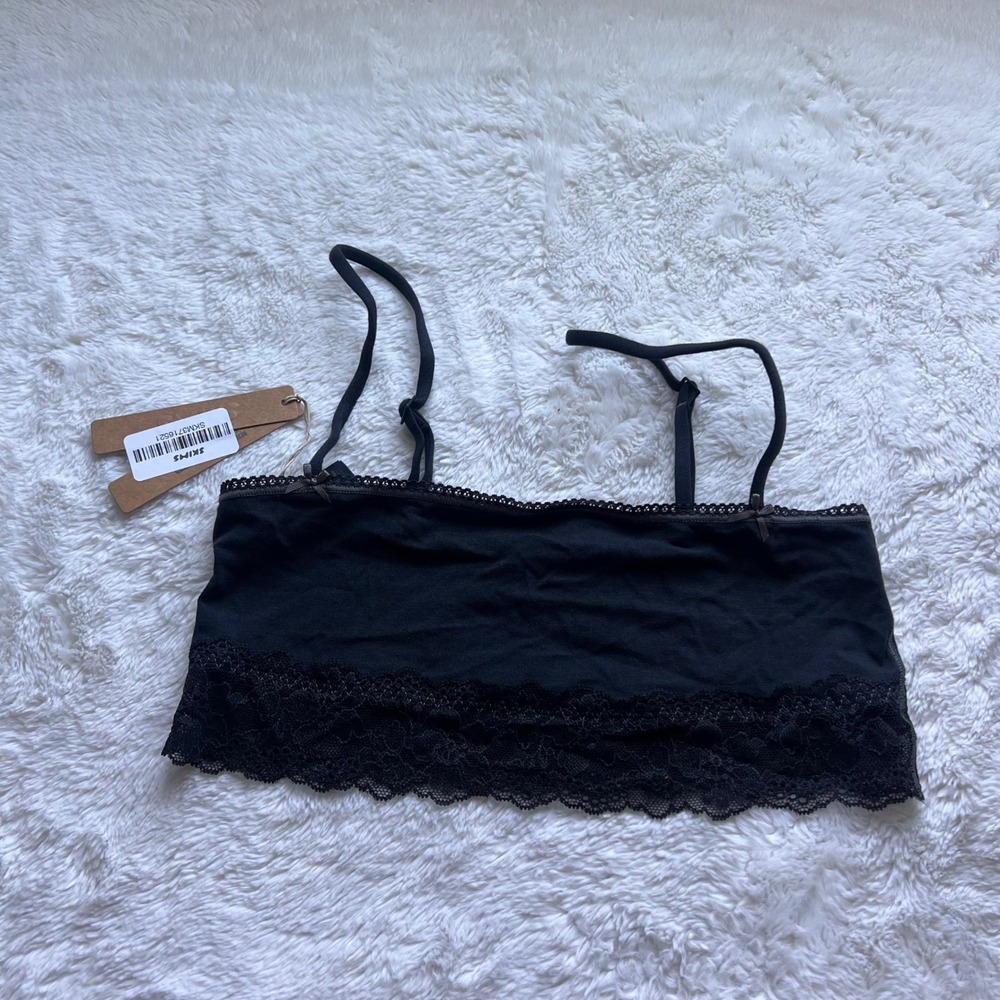 SKIMS Lightweight Cotton Bandeau Bralette Soot Tonal Lace Trim BR-BRL-11488W S